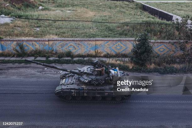 Tank drives along a road in Donbass, Donetsk, Ukraine, 22 July 20222