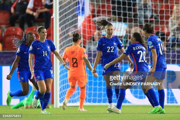 France's defender Eve Perisset celebrates after scoring a goal during the UEFA Women's Euro 2022 quarter final football match between France and...