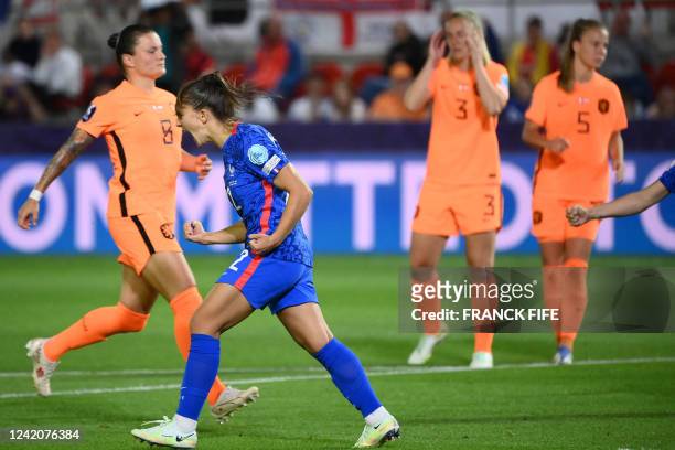 France's defender Eve Perisset celebrates scoring a goal during the UEFA Women's Euro 2022 quarter final football match between France and...
