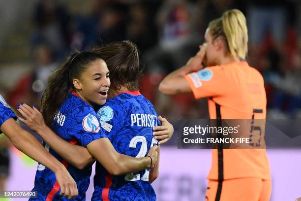 France's defender Eve Perisset celebrates with France's striker Delphine Cascarino after scoring a goal during the UEFA Women's Euro 2022 quarter...