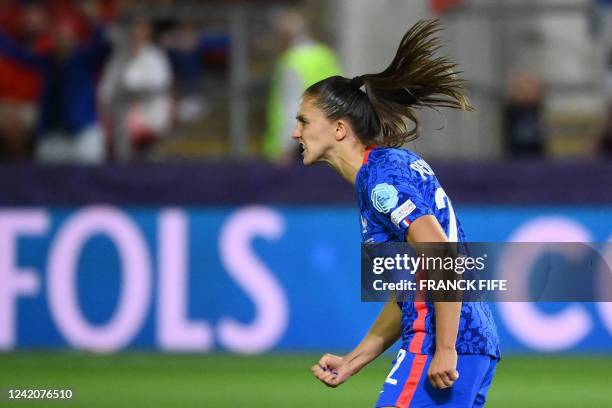 France's defender Eve Perisset celebrates scoring a goal during the UEFA Women's Euro 2022 quarter final football match between France and...