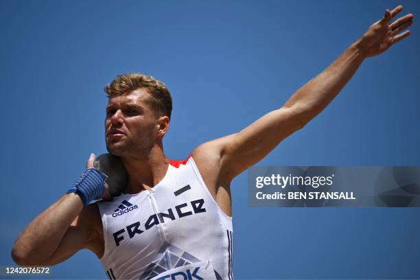 France's Kevin Mayer competes in the men's shot put decathlon event during the World Athletics Championships at Hayward Field in Eugene, Oregon on...