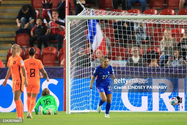 France's defender Eve Perisset celebrates her goal during the UEFA Women's Euro 2022 quarter final football match between France and Netherlands at...