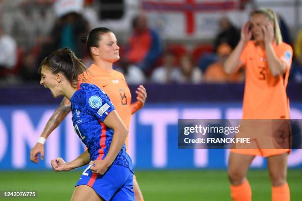 France's defender Eve Perisset celebrates scoring a goal during the UEFA Women's Euro 2022 quarter final football match between France and...