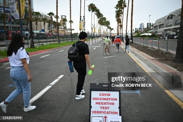 Attendees enter the Covid vaccination and negative test verification area before being allowed to enter Comic-Con International in San Diego,...