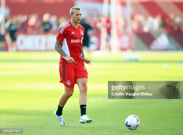Federico Bernardeschi of Toronto FC warms up prior to making his MLS debut against Charlotte FC at BMO Field on July 23, 2022 in Toronto, Ontario,...