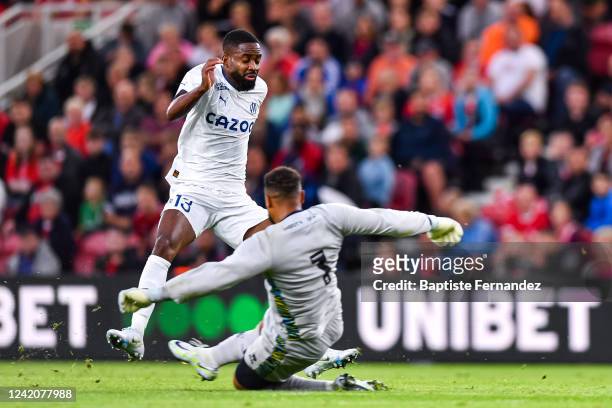 Cedric BAKAMBU of Marseille and Zack STEFFEN of Middlesbrough during the friendly match between Middlesbrough and Marseille at Riverside Stadium on...