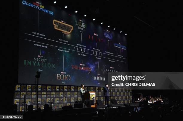 President of Marvel Studios Kevin Feige speaks during the Marvel panel in Hall H of the convention center during Comic Con in San Diego, California,...