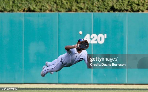 Center fielder Riley Greene of the Detroit Tigers makes a diving catch of a fly ball hit by Gio Urshela of the Minnesota Twins during the fifth...