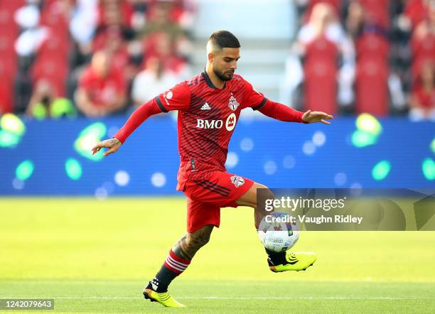 Lorenzo Insigne of Toronto FC juggles the ball while making his MLS debut against Charlotte FC at BMO Field on July 23, 2022 in Toronto, Ontario,...