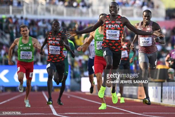 Kenya's Emmanuel Kipkurui Korir celebrates winning the men's 800m final during the World Athletics Championships at Hayward Field in Eugene, Oregon...