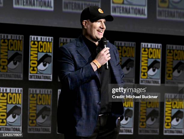 President of Marvel Studios Kevin Feige speaks onstage during the Marvel Studios panel in Hall H at the 2022 Comic-Con International held at the San...