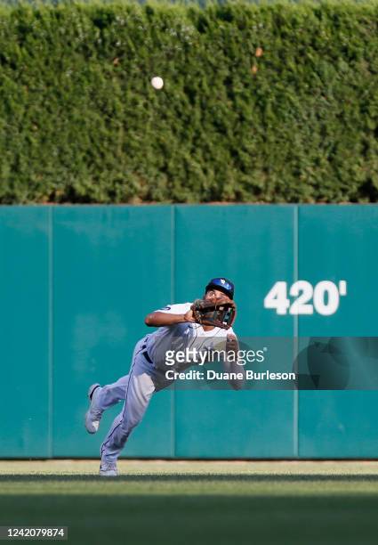 Center fielder Riley Greene of the Detroit Tigers makes a diving catch of a fly ball hit by Gio Urshela of the Minnesota Twins during the fifth...