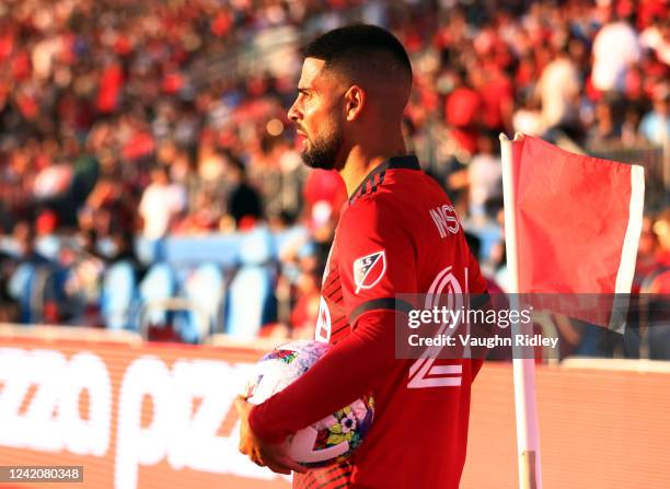 Lorenzo Insigne of Toronto FC prepares for a corner kick during an MLS game against Charlotte FC at BMO Field on July 23, 2022 in Toronto, Ontario,...