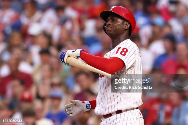 Didi Gregorius of the Philadelphia Phillies reacts to striking out in the seventh inning of a game against the Chicago Cubs at Citizens Bank Park on...