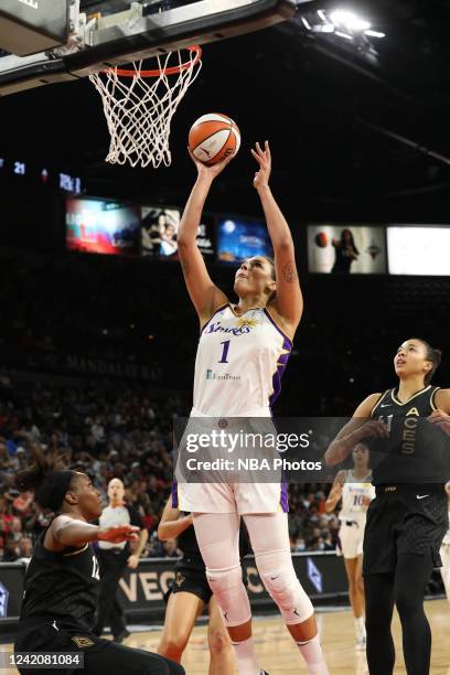 Liz Cambage of the Los Angeles Sparks shoots the ball during the game against the Las Vegas Aces on July 23, 2022 at Michelob ULTRA Arena in Las...