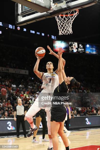 Liz Cambage of the Los Angeles Sparks shoots the ball during the game against the Las Vegas Aces on July 23, 2022 at Michelob ULTRA Arena in Las...