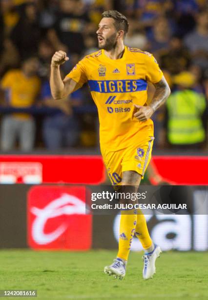 Tigres' Andre Pierre-Gignac celebrates after scoring against Atlas during the Mexican Clausura 2022 football tournament match at the Universitario...