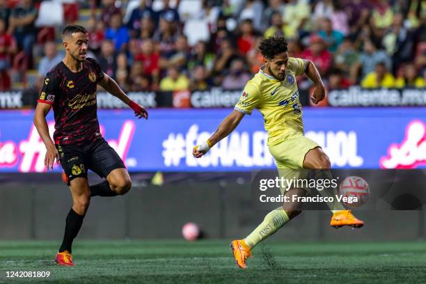 Franco Di Santo of Tijuana fights for the ball with Jorge Sánchez of America during the 4th round match between Tijuana and America as part of the...