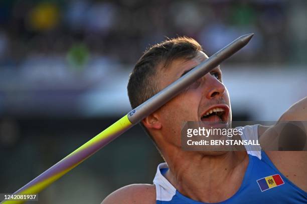 Moldova's Andrian Mardare competes in the men's javelin throw final during the World Athletics Championships at Hayward Field in Eugene, Oregon on...