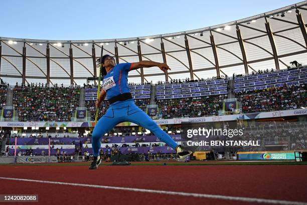 India's Neeraj Chopra competes in the men's javelin throw final during the World Athletics Championships at Hayward Field in Eugene, Oregon on July...