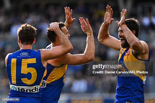 Josh Rotham Josh Rotham of the Eagles celebrates a goal during the 2022 AFL Round ...