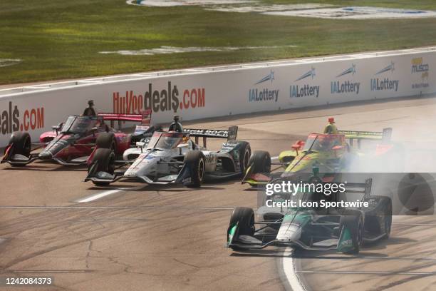 IndyCar driver Callum Ilott pulls out of the pits during the HY-VEE DEALS.COM 250 on July 23, 2022 at Iowa Speedway in Newton, Iowa.