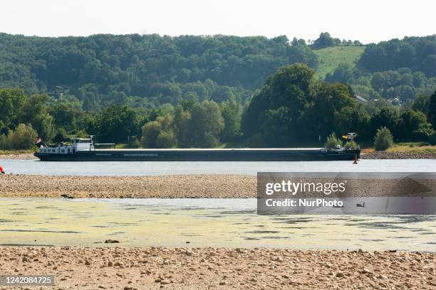 One cargo vessel is seen on the Rhine river in Bad Honnef, Germany on July 23, 2022 as rain has slightly raised the water levels on the Rhine,...