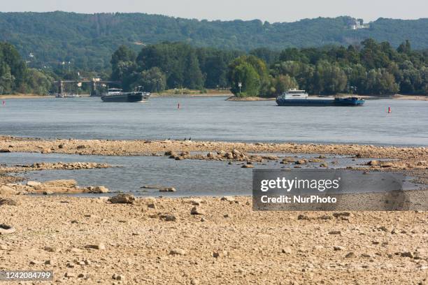 Two cargo vessels are seen on the Rhine river in Bad Honnef, Germany on July 23, 2022 as rain has slightly raised the water levels on the Rhine,...