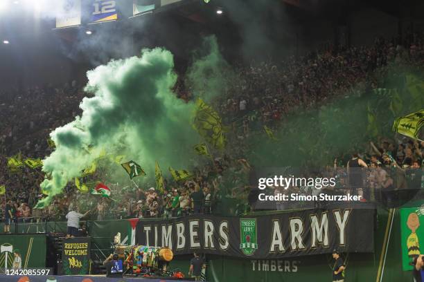 Timbers Army during the MLS match between San Jose Earthquakes and Portland Timbers at Providence Park on July 23, 2022 in Portland, Oregon.