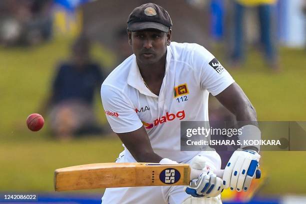 Sri Lanka's Angelo Mathews plays a shot during the first day of the second cricket Test match between Sri Lanka and Pakistan at the Galle...
