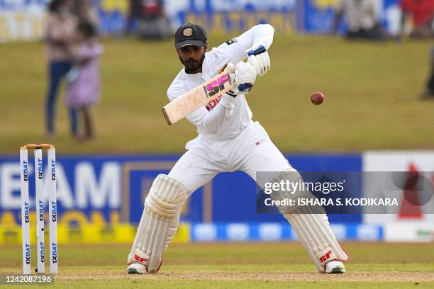 Sri Lanka's Dhananjaya de Silva plays a shot during the first day of the second cricket Test match between Sri Lanka and Pakistan at the Galle...