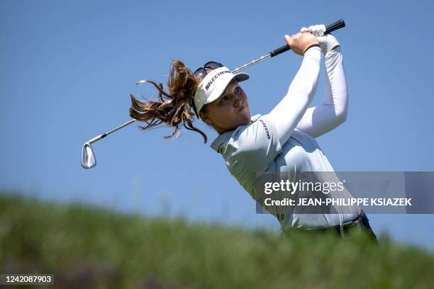 Brooke Henderson of Canada competes in the Evian Championship in the French Alps town of Evian-les-Bains, a major tournament on the women's calendar,...
