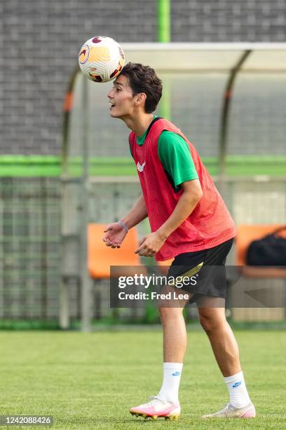 Hou Yongyong of Beijing Guoan in action during Beijing Guoan Football Club Training Session on July 24, 2022 in Beijing, China.