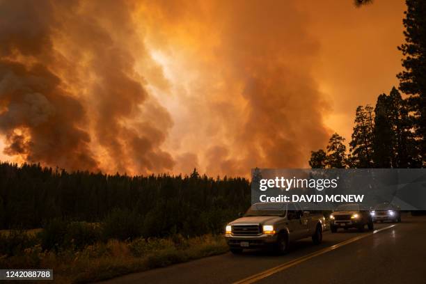 Forest is incinerated by the Oak Fire near Midpines, northeast of Mariposa, California, on July 23, 2022. The California wildfire ripped through...