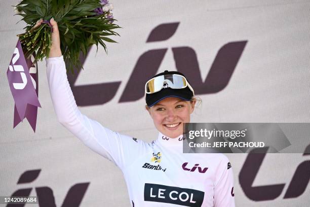 Maike Van der Duin Le Col-Wahoo's Dutch rider with her best young rider's white jersey celebrates at the end of the 1st stage of the new edition of...