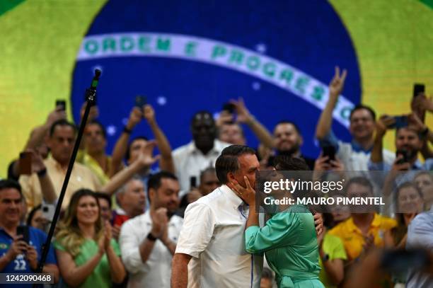 Brazils President Jair Bolsonaro kisses his wife Michelle Bolsonaro during the Liberal Party national convention where he was officially appointed as...