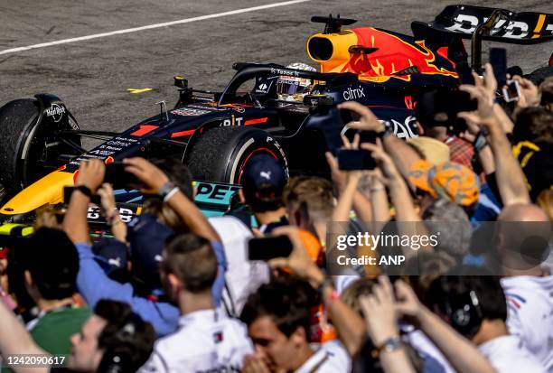 Max Verstappen drives in the pit lane after winning the F1 Grand Prix of France at Circuit Paul Ricard on July 24, 2022 in Le Castellet, France....