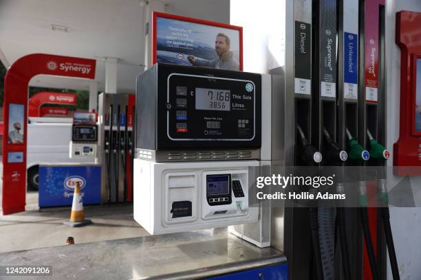 Fuel pump at a Tesco petrol station on July 24, 2022 in London, England. Many Supermarket Fuel Stations are still charging high prices on the...