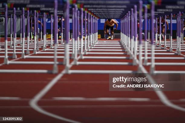 Germany's Tim Nowak prepares to compete in the men's 110m hurdles decathlon event during the World Athletics Championships at Hayward Field in...