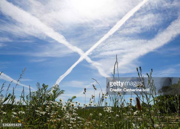 Contrails from airplanes leave the shape of an cross in the sky on June 02, 2020 in Aylesbury, United Kingdom . The British government further...