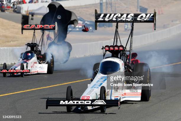 Antron Brown Matco Tools/Lucas Oil/Toyota NHRA Top Fuel Dragster finishes ahead of Steve Torrence Capco Racing/Torrence Motorsports NHRA Top Fuel...