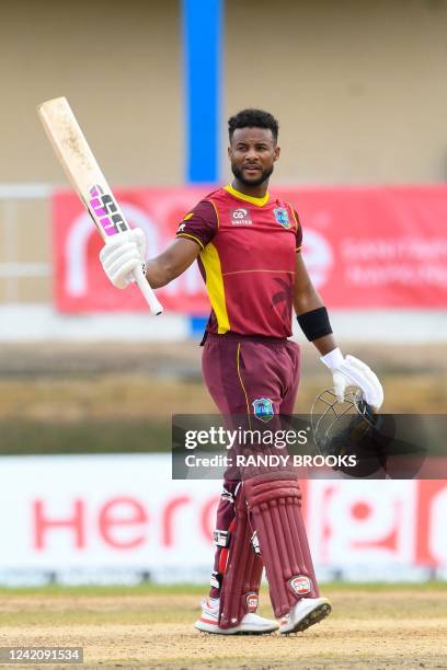Shai Hope of West Indies celebrates his century during the 2nd ODI match between West Indies and India at Queens Park Oval, Port of Spain, Trinidad...