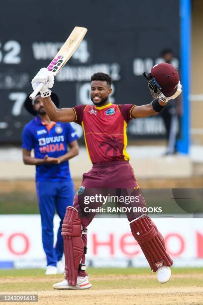 Shai Hope of West Indies celebrates his century during the 2nd ODI match between West Indies and India at Queens Park Oval, Port of Spain, Trinidad...