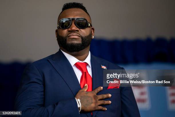 Hall of Fame Class of 2022 Inductee David Ortiz is introduced during the induction ceremony during the 2022 Hall of Fame weekend at the National...