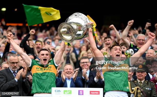 Dublin , Ireland - 24 July 2022; Kerry captains Seán O'Shea, left, and Joe O'Connor lifts the Sam Maguire cup after the GAA Football All-Ireland...