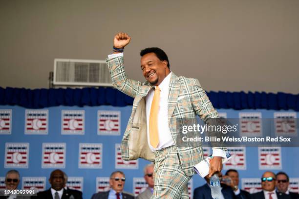 Hall of Fame Class of 2015 inductee Pedro Martinez is introduced during the induction ceremony for Hall of Fame Class of 2022 Inductee David Ortiz...