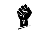 Black hand icon raised in a clenched fist. Freedom sign and protest symbol.