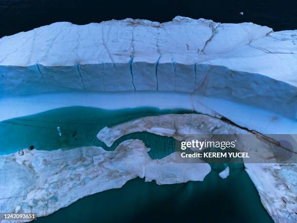 Melting pond is seen inside an iceberg from the Greenland ice sheet in the Baffin Bay near Pituffik, Greenland on July 20, 2022 as captured with a...