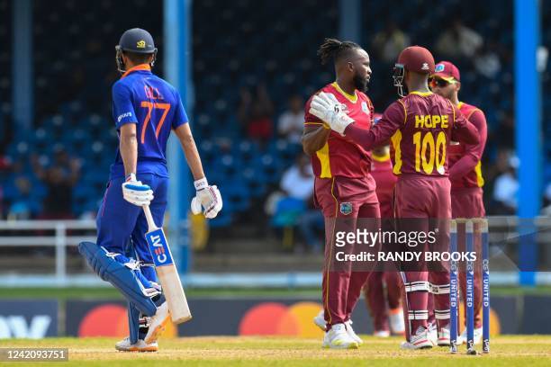 Kyle Mayers of West Indies celebrates the dismissal of Shubman Gill of India during the 2nd ODI match between West Indies and India at Queens Park...